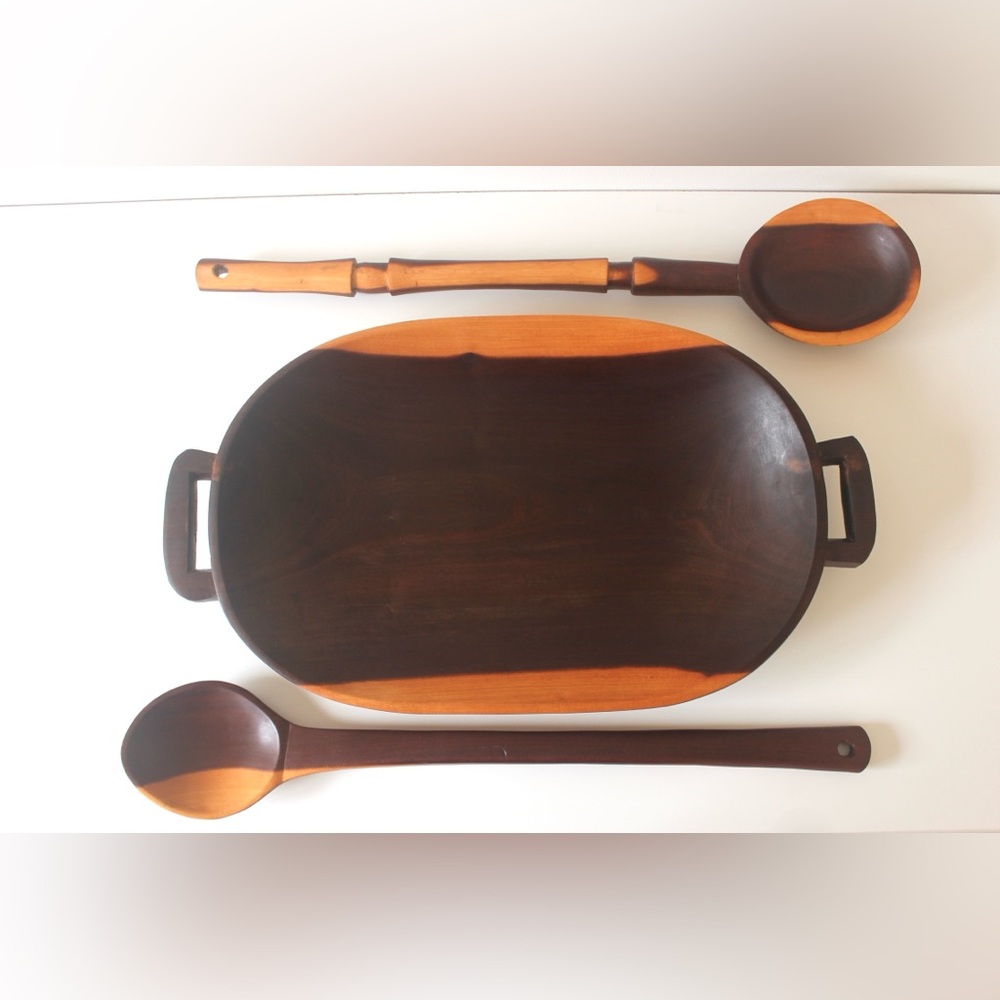 Handmade Wood Serving Dish Two Spoons, Stunning Vintage Hand Carved Dark Bowl